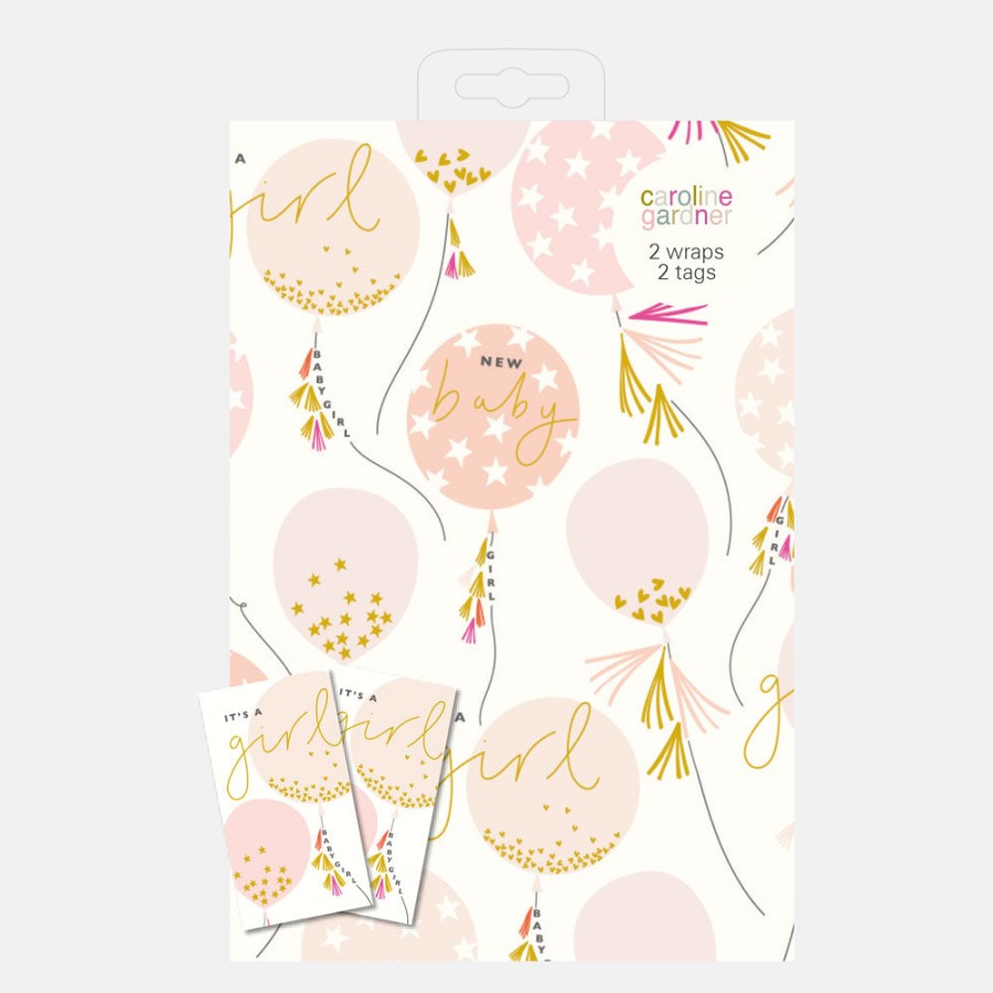 New Caroline Gardner Baby Girl Balloons Wrapping Paper And Tags Set Of 2