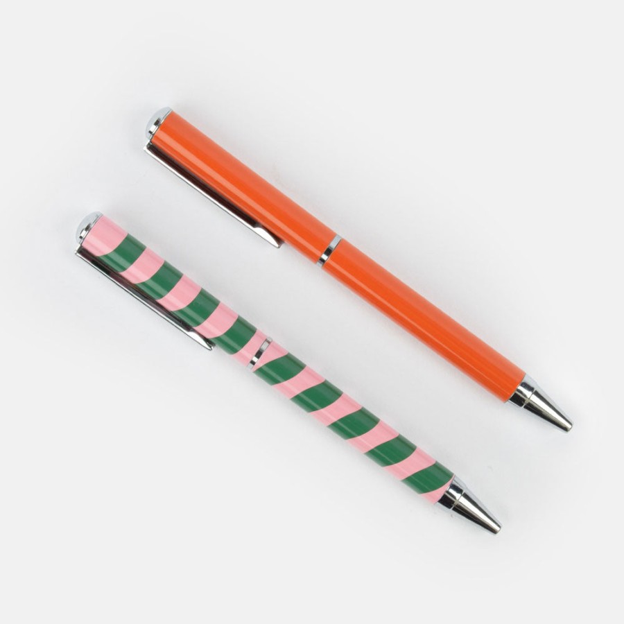 New CAROLINE GARDNER Orange & Pink/Green Wave Stripe Pen Set Of 2