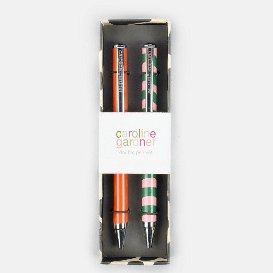 New CAROLINE GARDNER Orange & Pink/Green Wave Stripe Pen Set Of 2