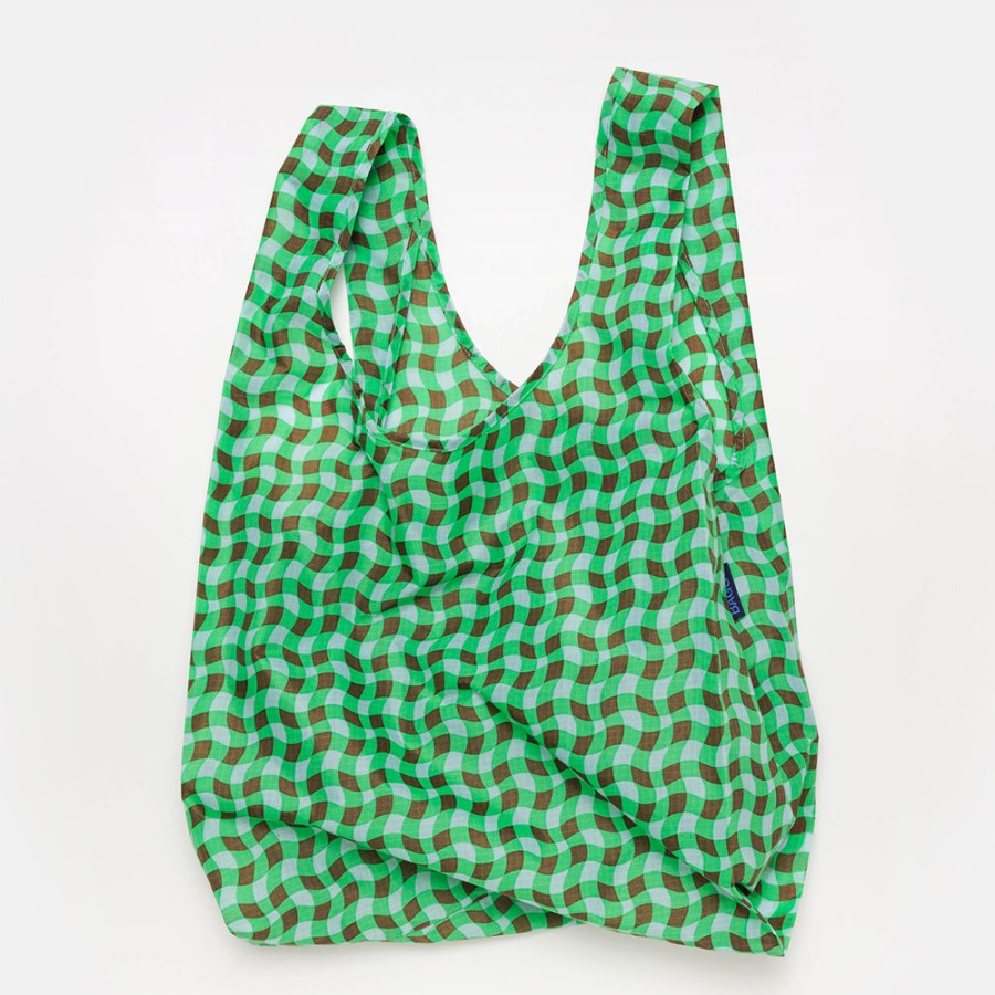 New BAGGU Green Wavy Gingham Shopper Bag