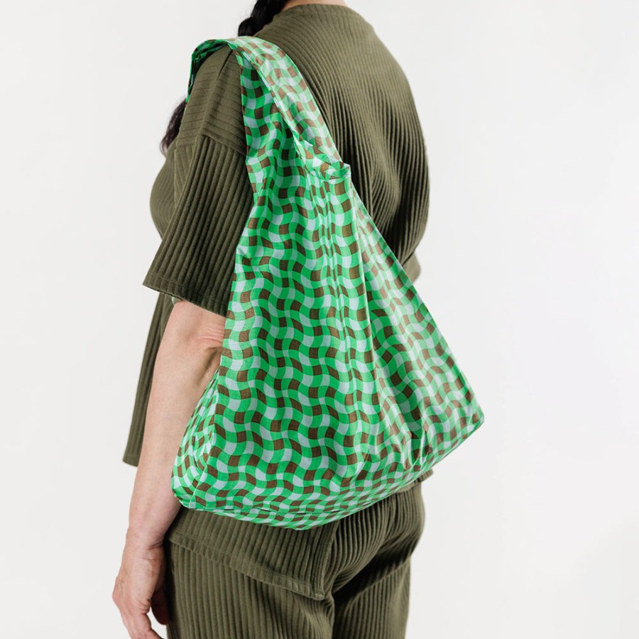 New BAGGU Green Wavy Gingham Shopper Bag