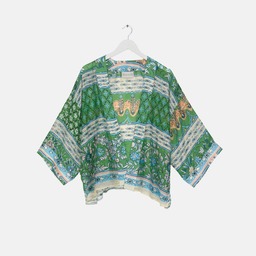 Best ONE HUNDRED STARS Folk Flowers Green Short Kimono