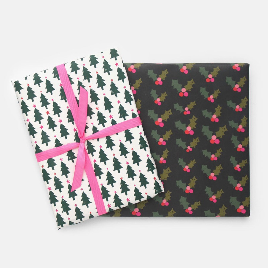 Clearance CAROLINE GARDNER Trees & Holly Double Sided Christmas Wrapping Paper