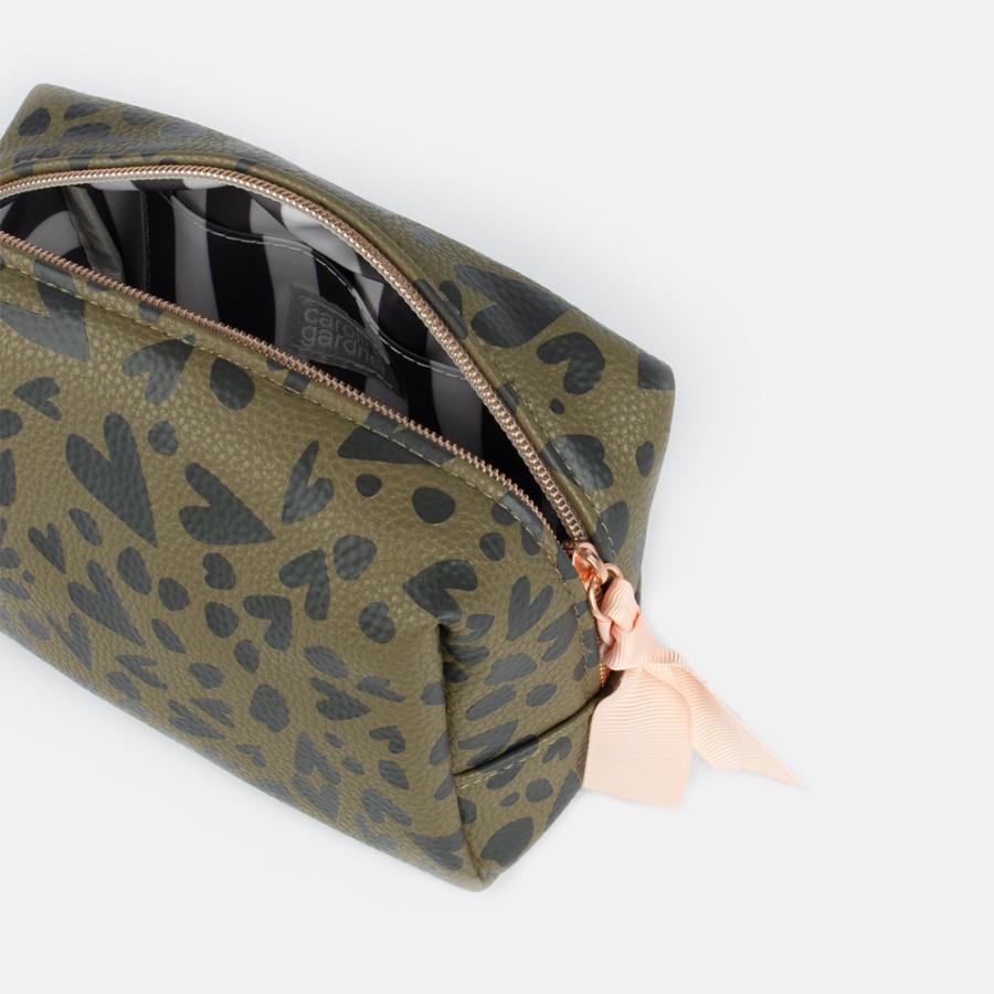 Clearance CAROLINE GARDNER Khaki/Black Heart Cube Cosmetic Bag