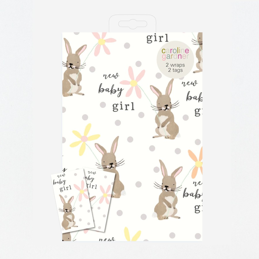 New Caroline Gardner New Baby Girl Bunnies Wrapping Paper And Tags Set Of 2