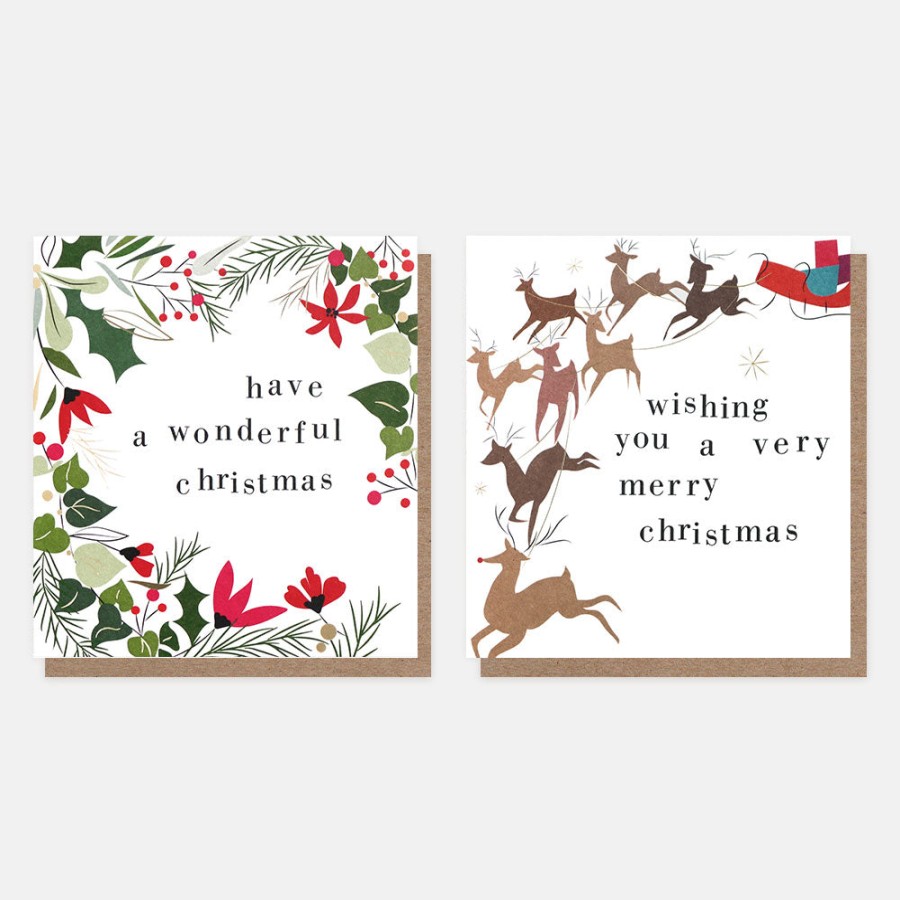 Clearance CAROLINE GARDNER Wreath And Reindeer Charity Christmas Cards Pack Of 8