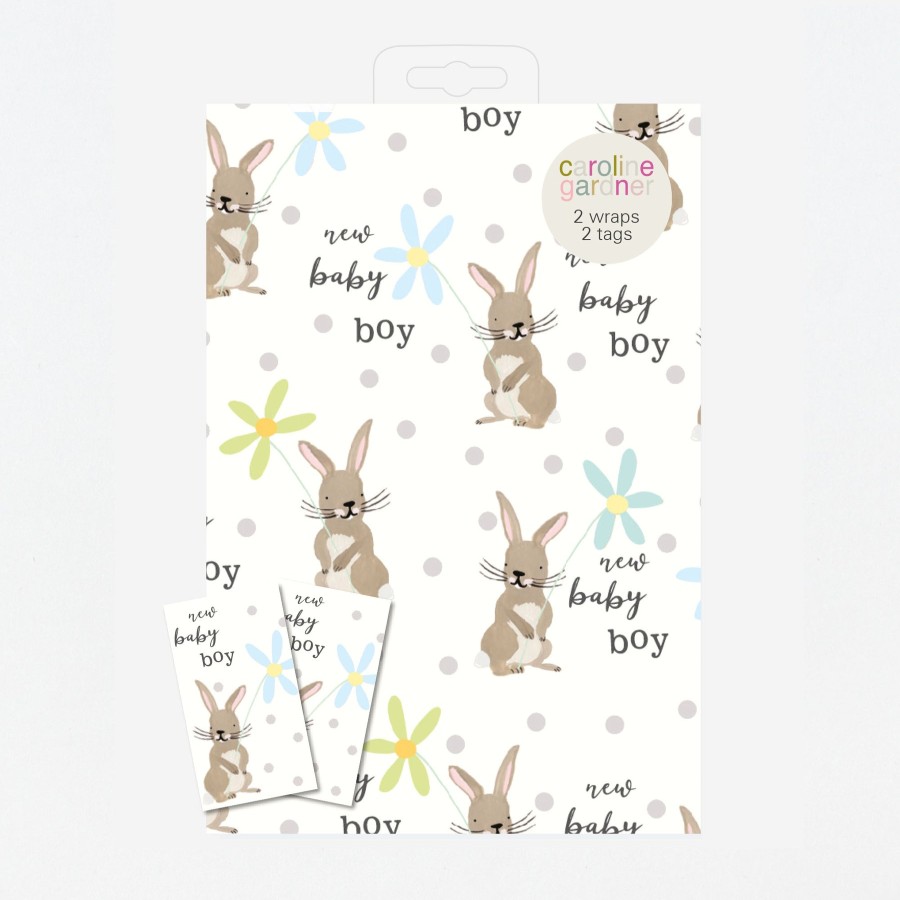 Hot Caroline Gardner New Baby Boy Bunnies Wrapping Paper And Tags Set Of 2