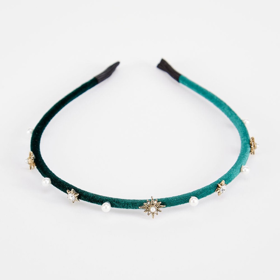 Wholesale PARKSIDE Green Velvet Jewel/Pearl Thin Headband