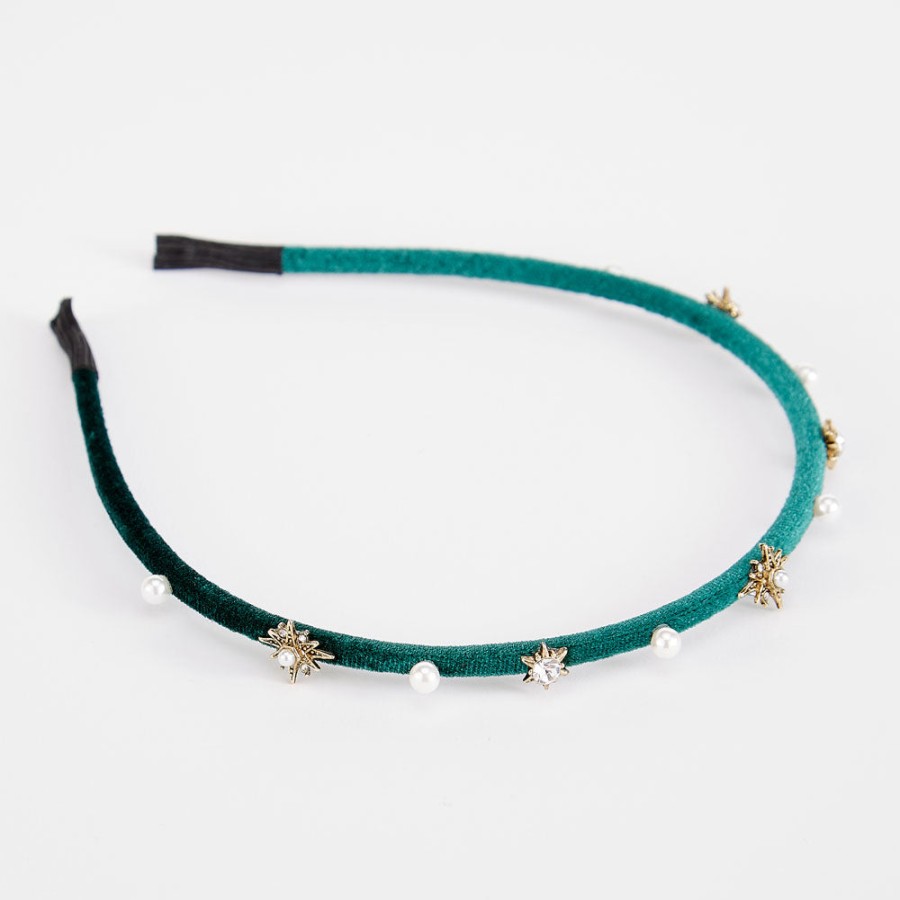 Wholesale PARKSIDE Green Velvet Jewel/Pearl Thin Headband