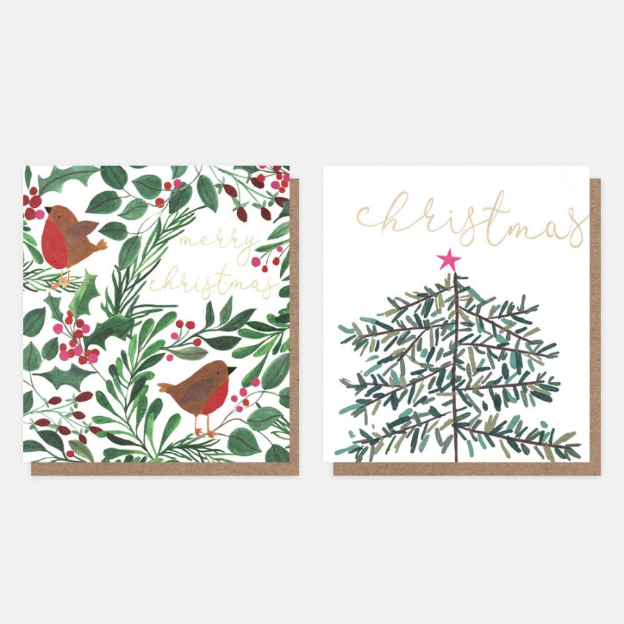 Clearance CAROLINE GARDNER Robins And Tree Charity Christmas Cards Pack Of 8