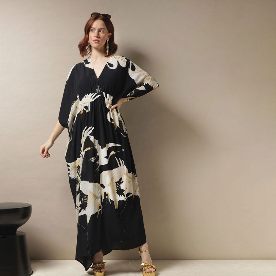 Hot ONE HUNDRED STARS Black Stork Maxi Kaftan