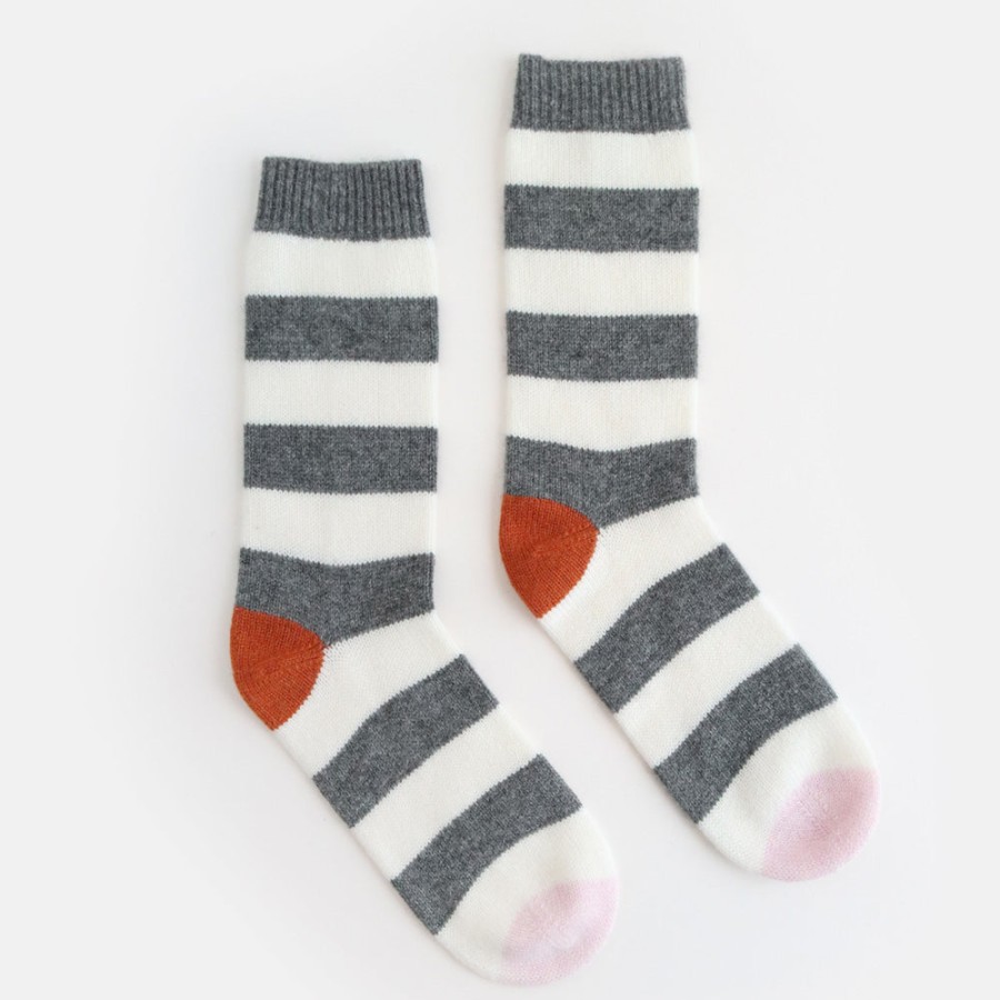 New Caroline Gardner Dark Grey/Cream Stripe Cashmere Bedsocks