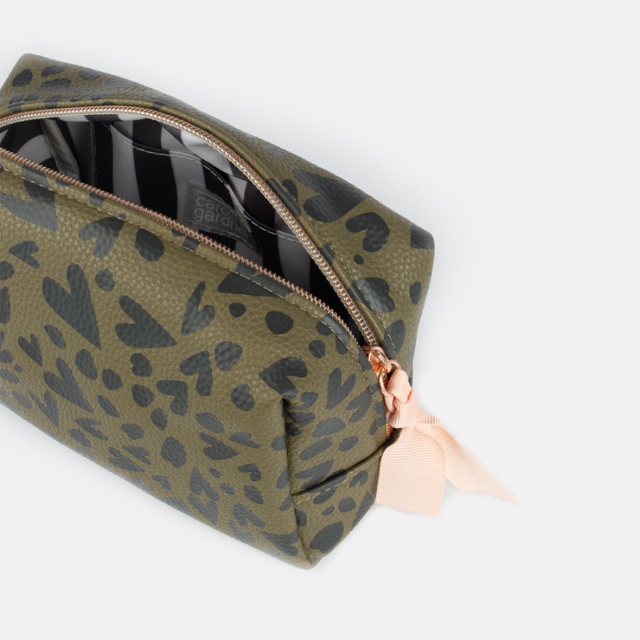 Clearance CAROLINE GARDNER Khaki/Black Heart Cube Cosmetic Bag