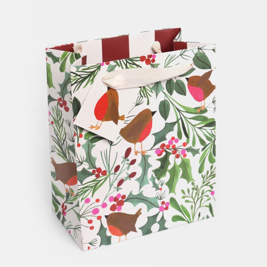 Clearance CAROLINE GARDNER Robins In Foliage Medium Christmas Gift Bag