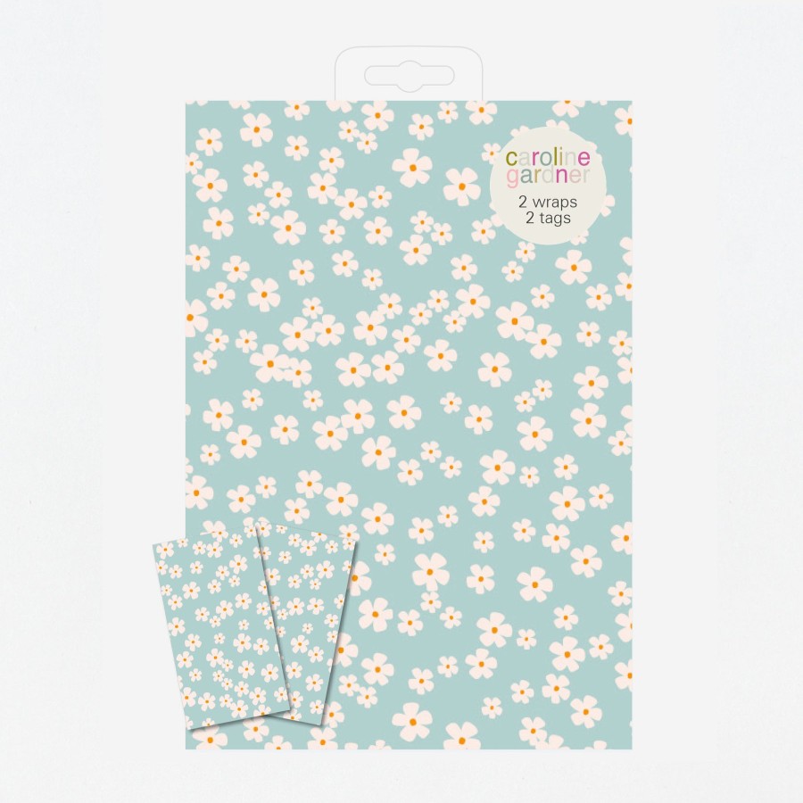 Best Caroline Gardner Blue Daisy Floral Wrapping Paper And Tags Set Of 2