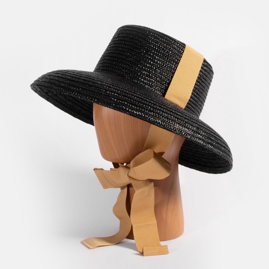 New FERRUCCIO VECCHI Black Large Straw Hat With Ribbons