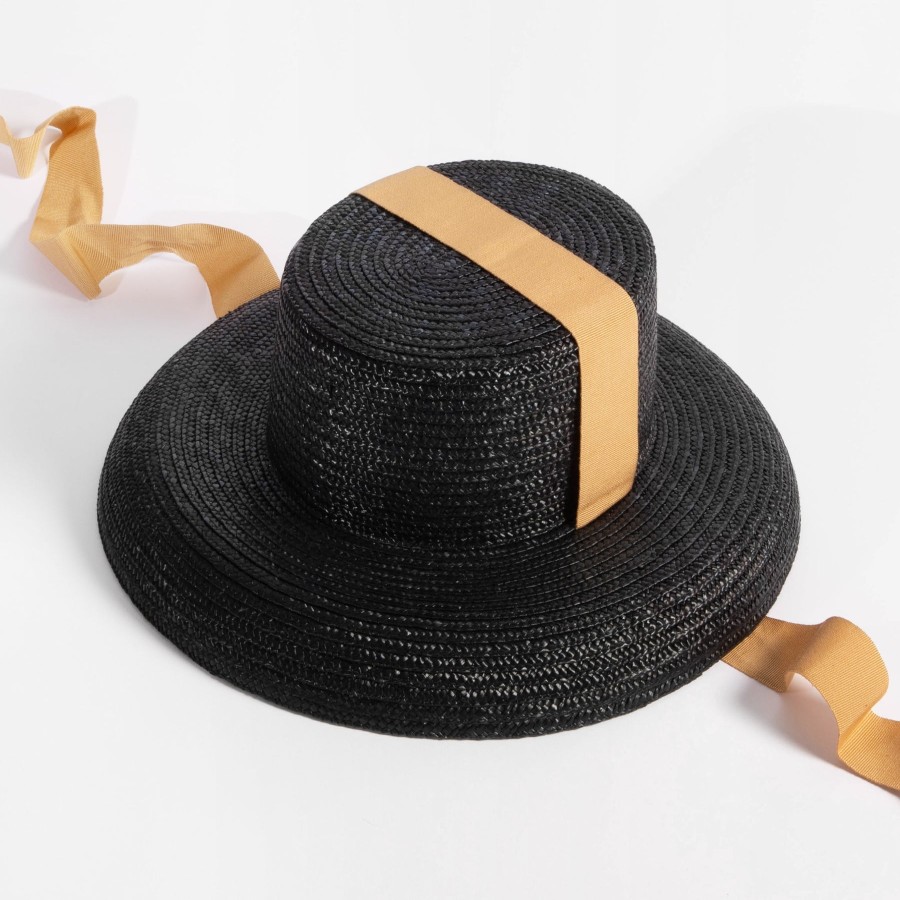 New FERRUCCIO VECCHI Black Large Straw Hat With Ribbons