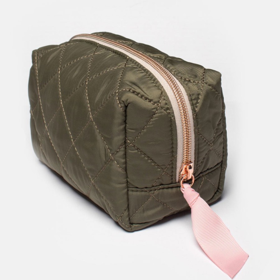 New CAROLINE GARDNER Khaki Quilted Cube Cosmetic Bag